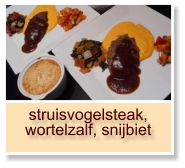 struisvogelsteak, wortelzalf, snijbiet