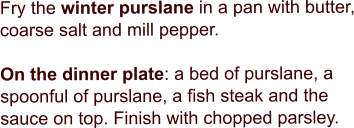 Fry the winter purslane in a pan with butter, coarse salt and mill pepper.   On the dinner plate: a bed of purslane, a spoonful of purslane, a fish steak and the sauce on top. Finish with chopped parsley.