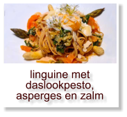 linguine met daslookpesto, asperges en zalm