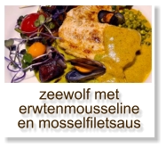 zeewolf met erwtenmousseline en mosselfiletsaus