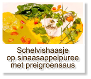 Schelvishaasje op sinaasappelpuree met preigroensaus