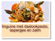 linguine met daslookpesto, asperges en zalm