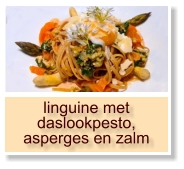 linguine met daslookpesto, asperges en zalm